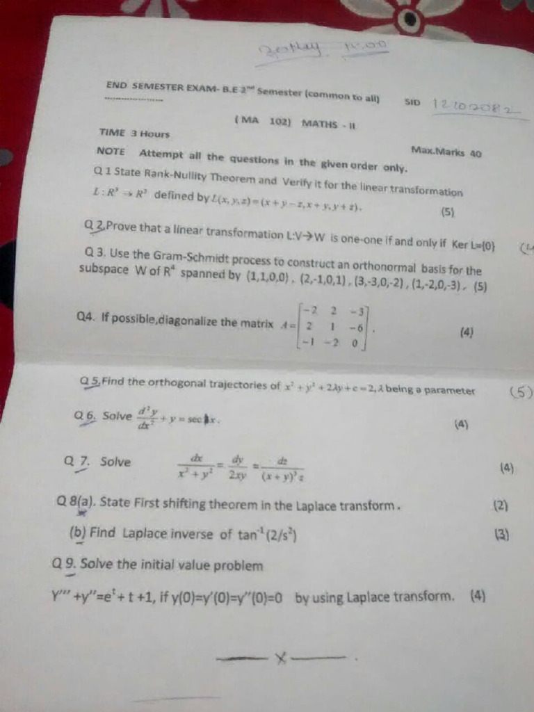 MA 1201 Exam Solutions Guide | PDF | Linear Subspace | Mathematical Physics