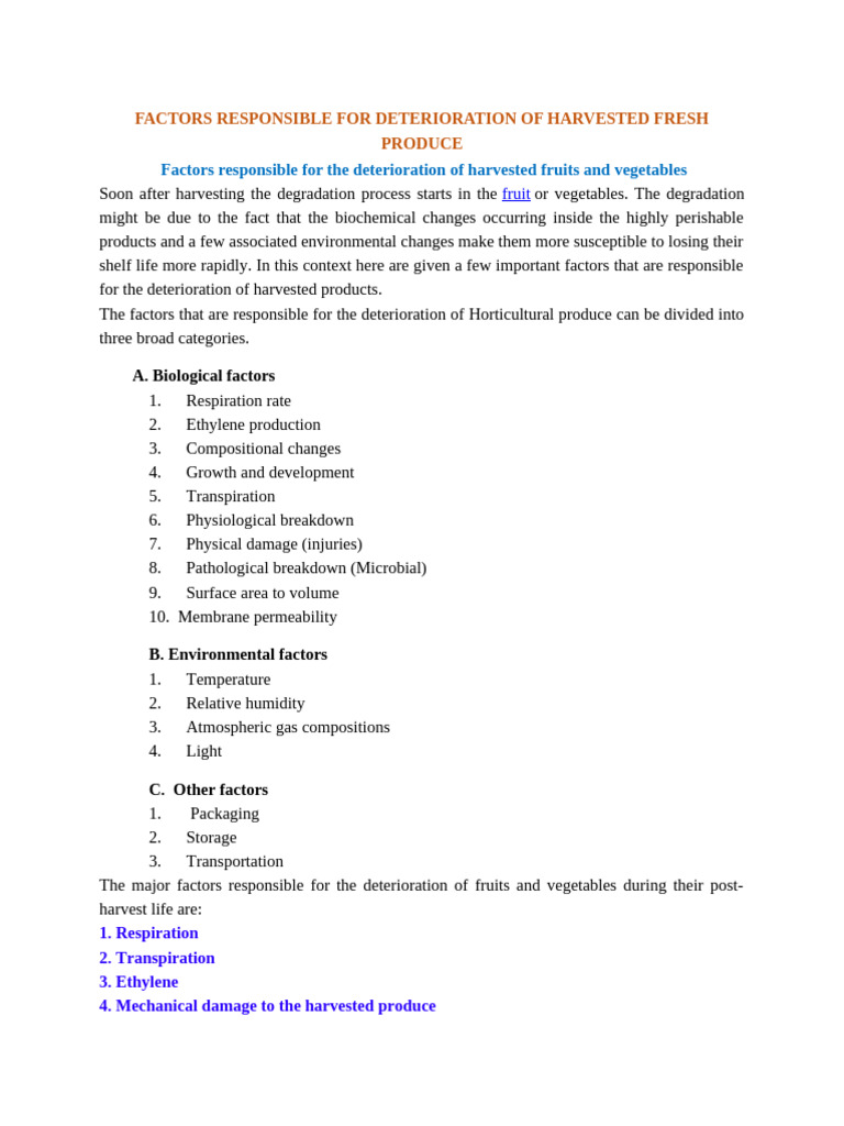 Factors Responsible For Deterioration of Harvested Fresh Produce | PDF ...