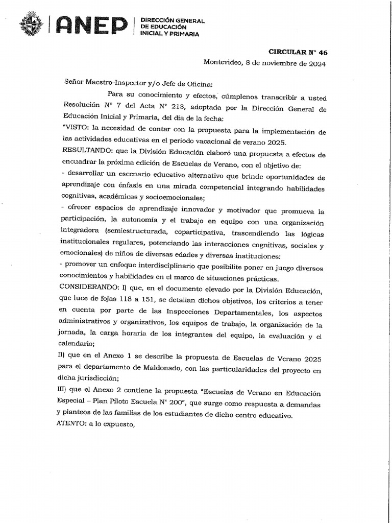 Circular Nro. 46 Verano Educativo. | PDF