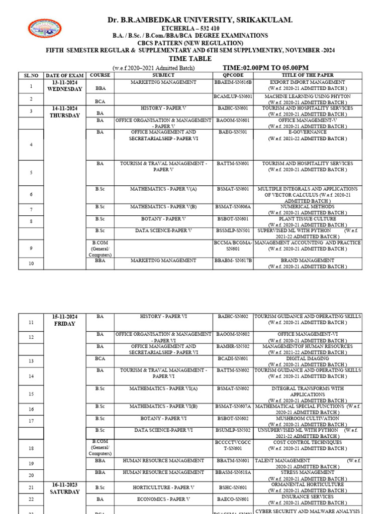 Exam Schedule for Degree Courses | PDF