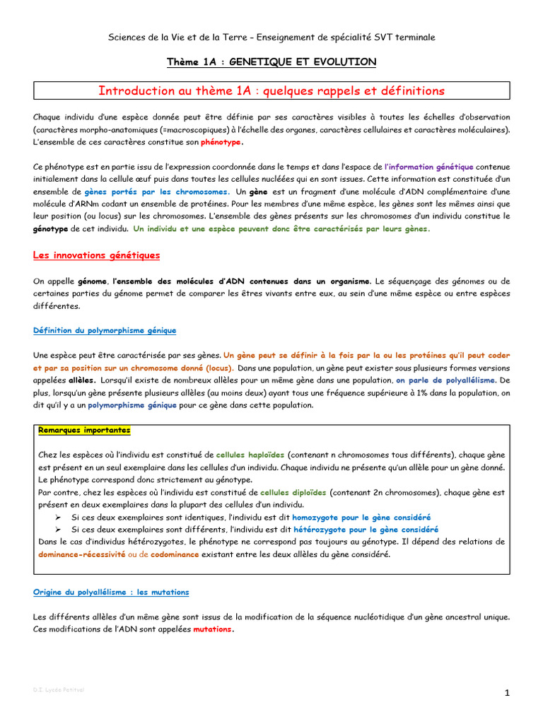 Génétique et Évolution : Thème 1A SVT | PDF | Gène | Mutation