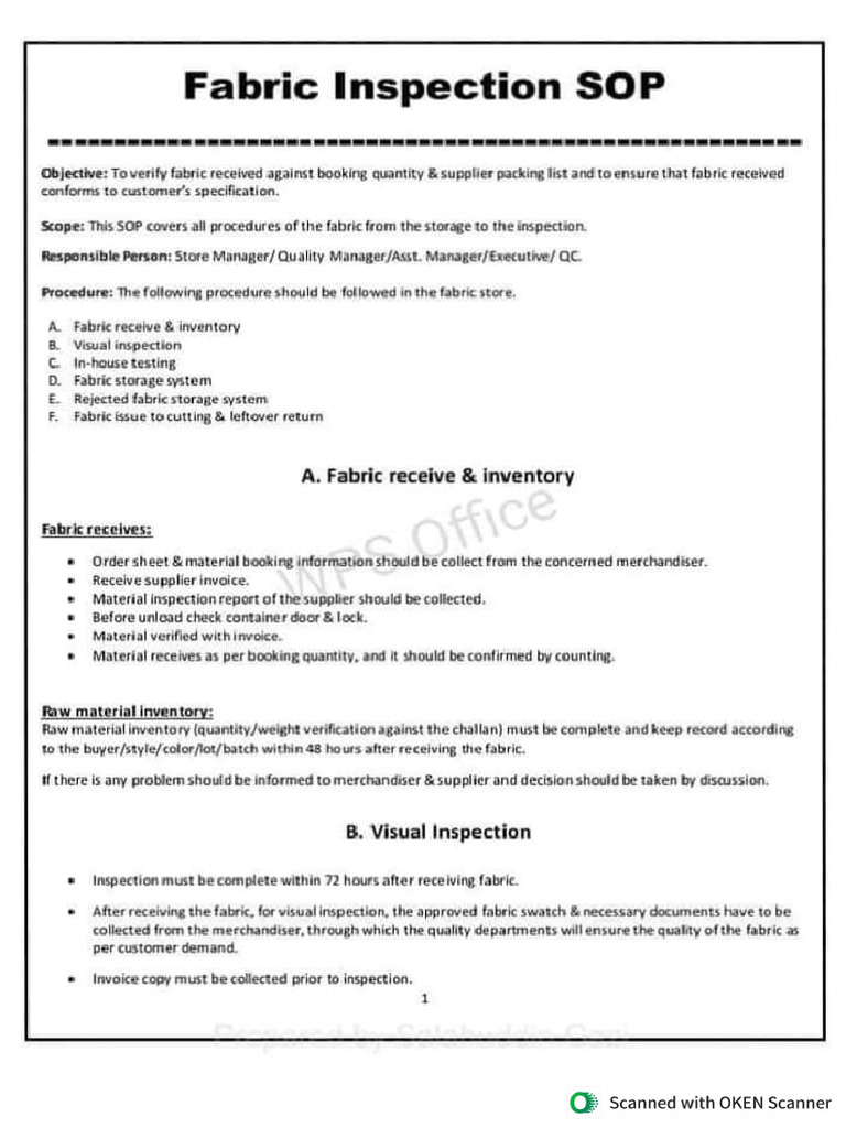 Fabric Inspection SOP | PDF