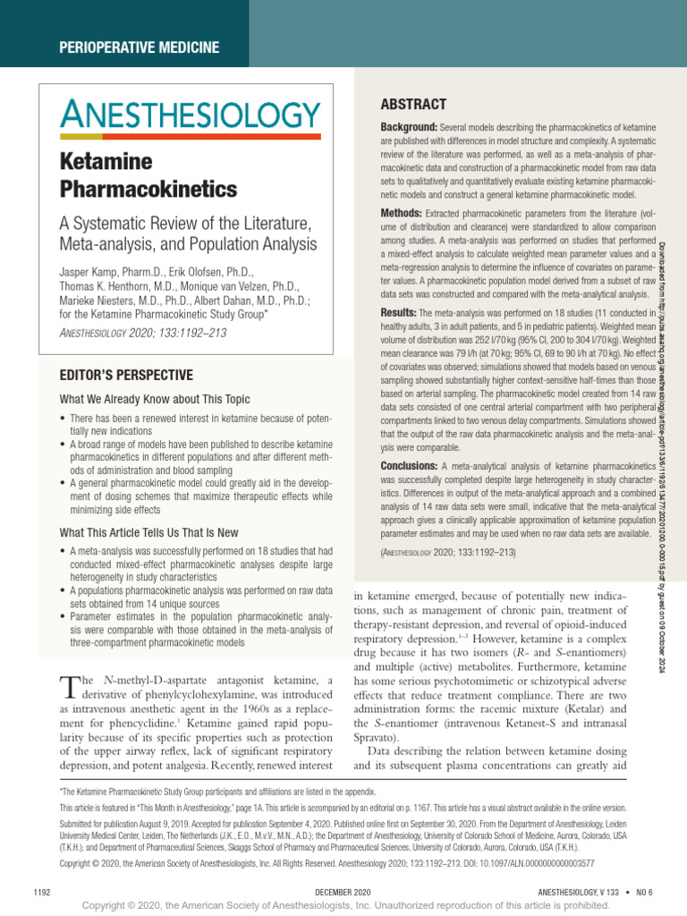 Ketamine Pharma Kinetics | PDF | Pharmacokinetics | Meta Analysis