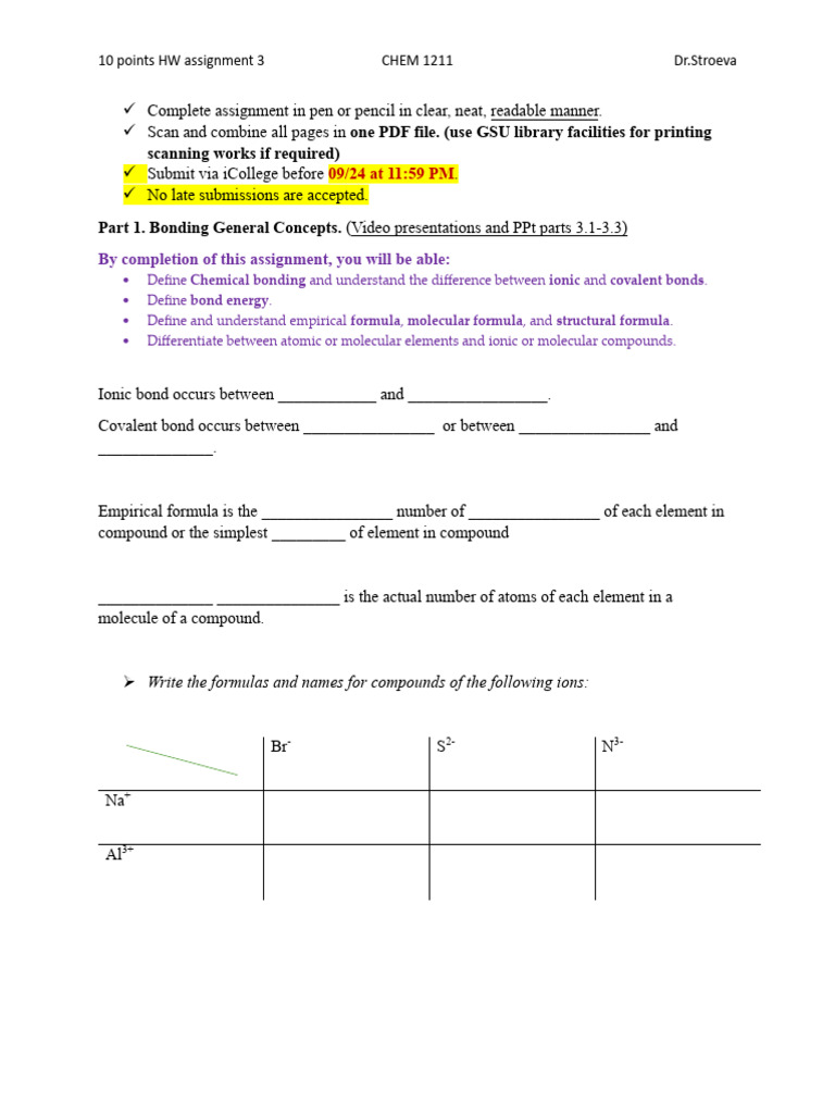CHEM 1211 Assignment 3 Overview | PDF | Chemical Compounds | Chemical Bond