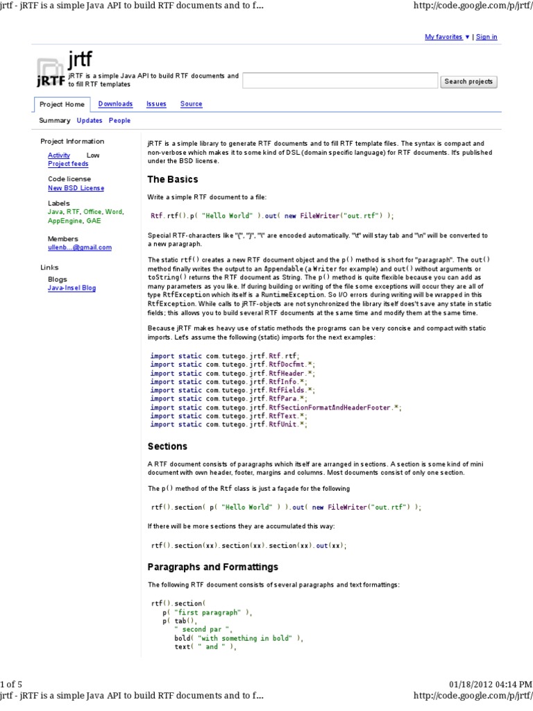 jRTF | Application Programming Interface | Java (Programming Language)