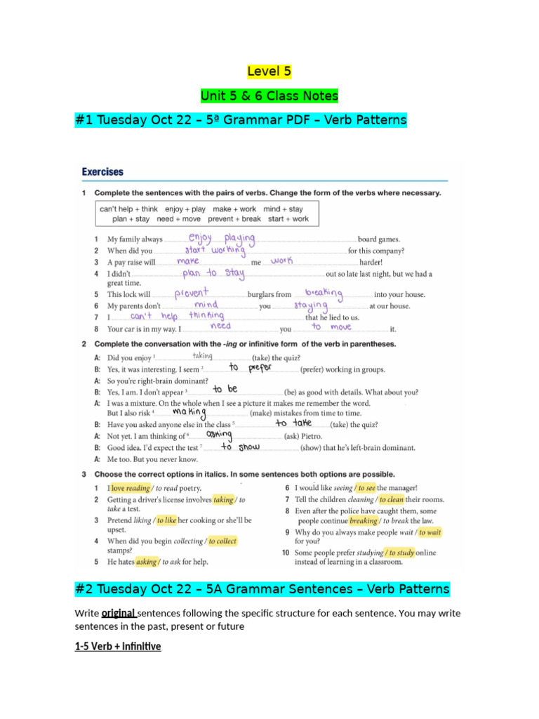 Verb Patterns and Brainstorming Notes | PDF | Linguistics | Grammar
