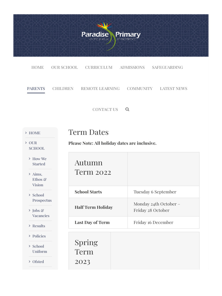 Paradise Primary School Term Dates 2023 | PDF | Wellness
