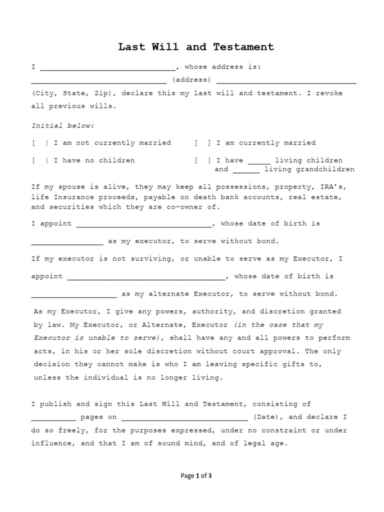 Last Will and Testament Template | PDF | Will And Testament | Property Law