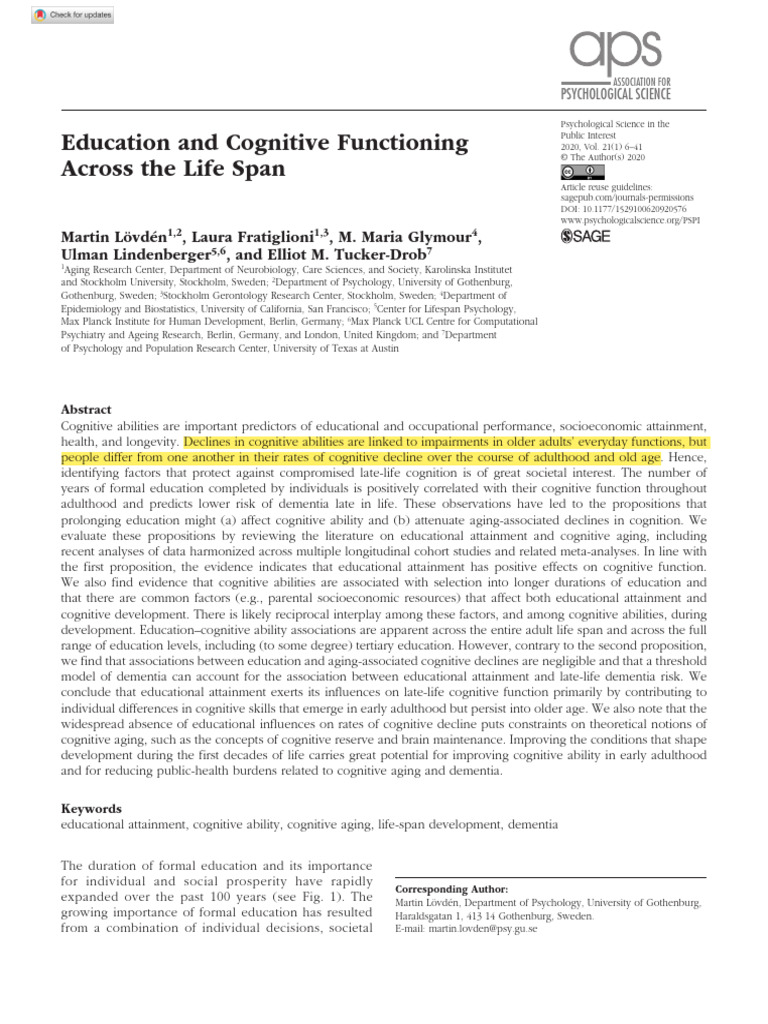 Education and Cognitive Functioning Across The Life Span | PDF ...
