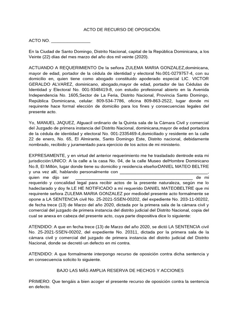 Recurso de Oposición Civil RD | PDF | República Dominicana | Sentencia ...