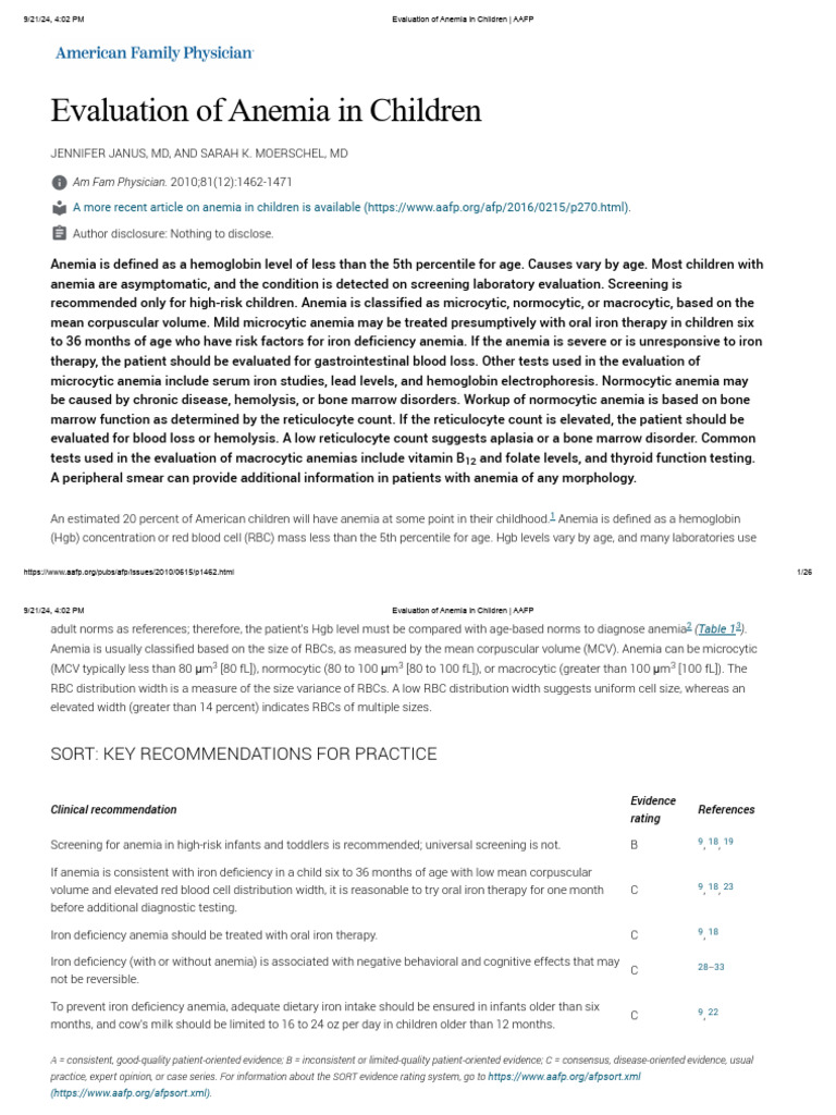 Evaluation of anemia in children aafp pdf anemia medical