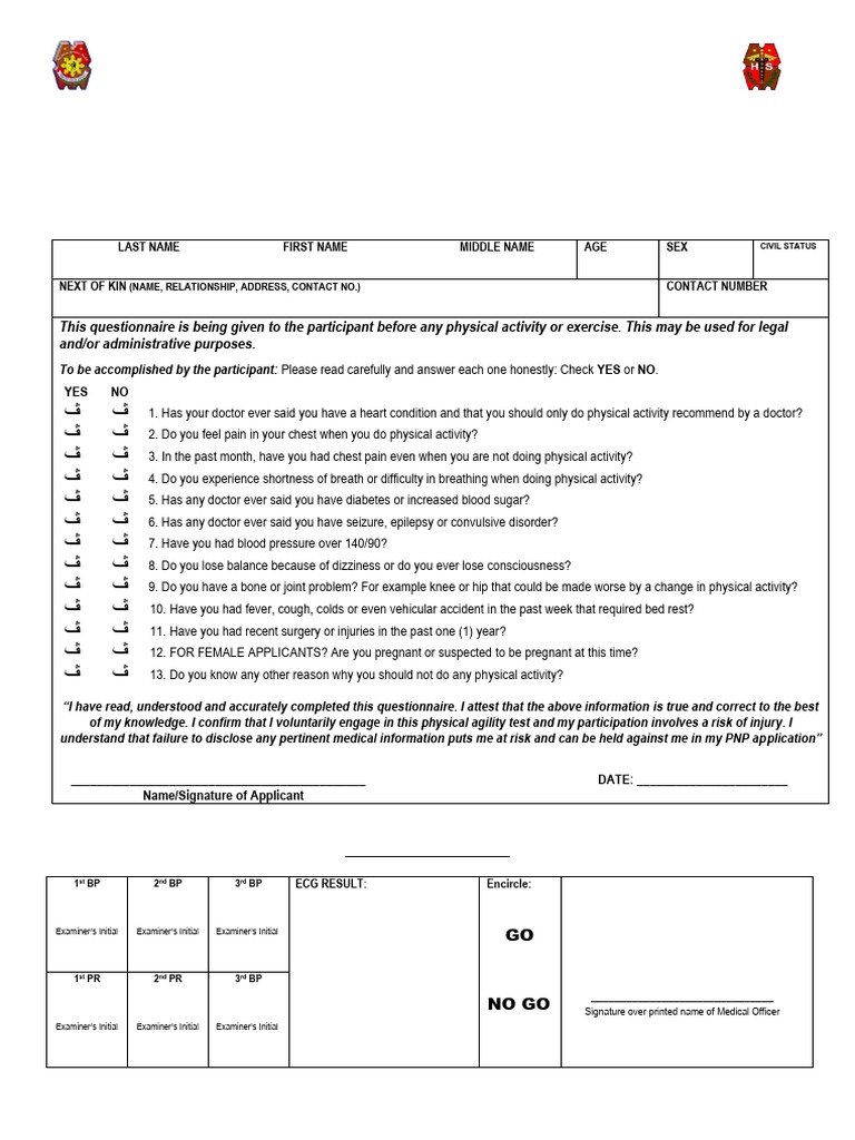 PNP Physical Activity Readiness Form | PDF | Clinical Medicine ...