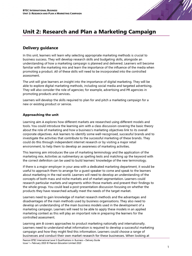 Btec 2020 l3 Int Bus DG U2 v1 | PDF | Marketing | Learning