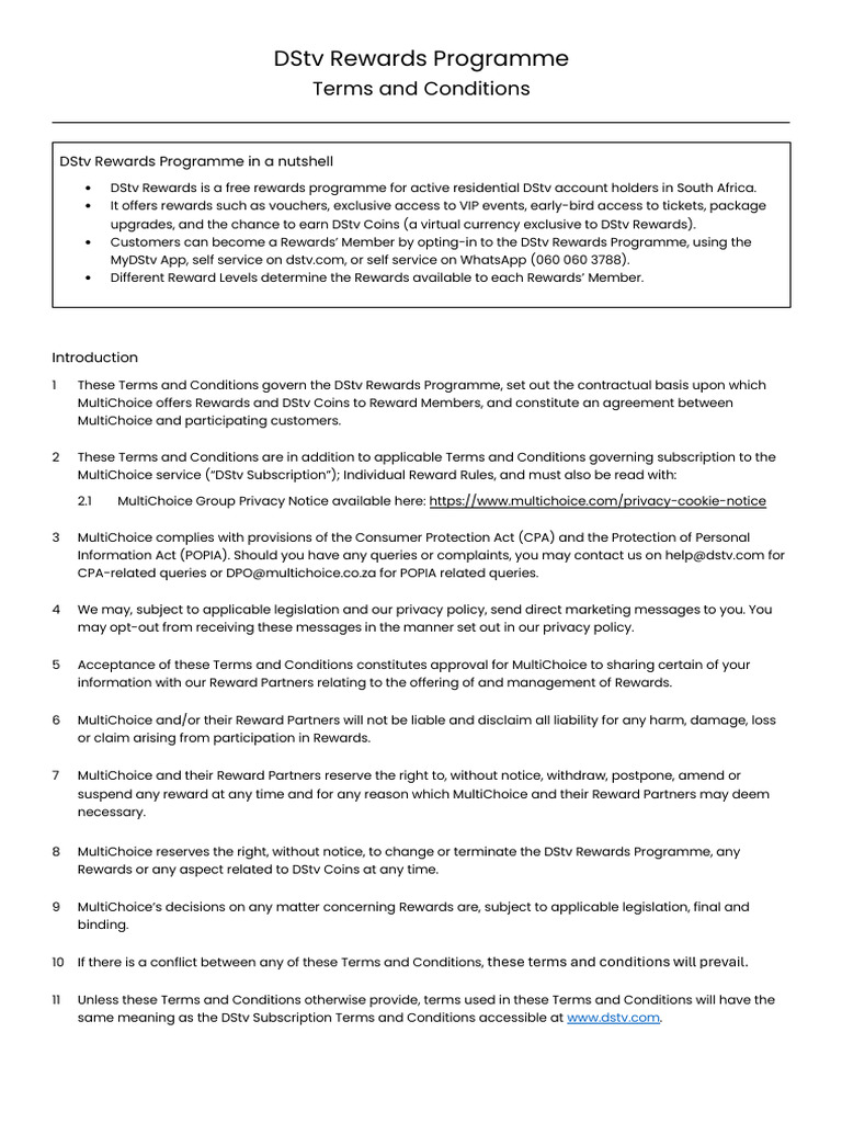 DStv Rewards Programme Overview | PDF | Contractual Term | Privacy