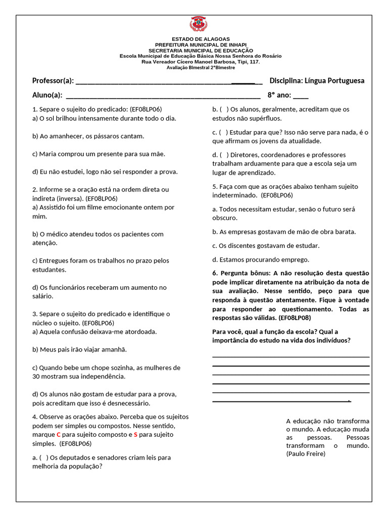Avaliação de Língua Portuguesa - 8º Ano | PDF | Assunto (gramática)
