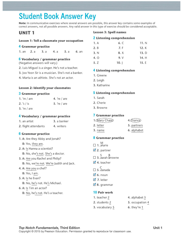 Answer Key Students Book Top Notch Fundamentals | PDF