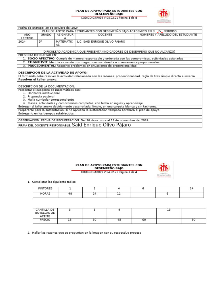 5°matemáticas Plan de Apoyo | PDF | Crecimiento personal y profesional