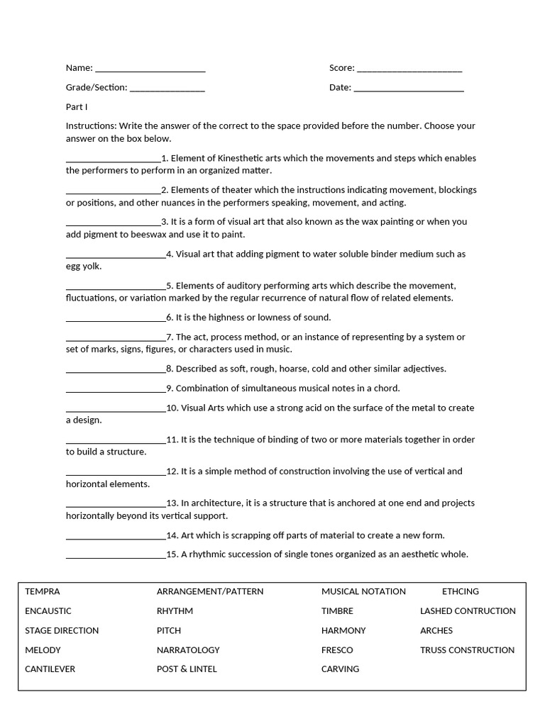 Performing Arts Quiz Template | PDF | Paintings | Elements Of Music
