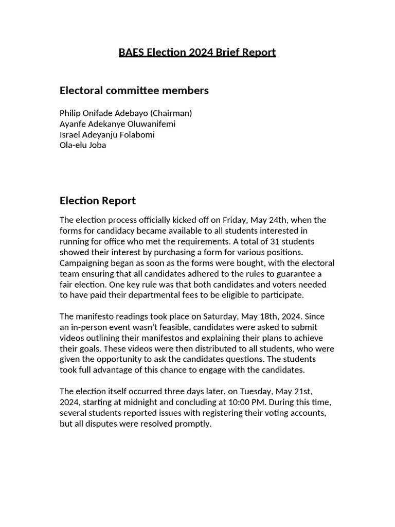 BAES 2024 Election Results Report | PDF | Elections | Political Events