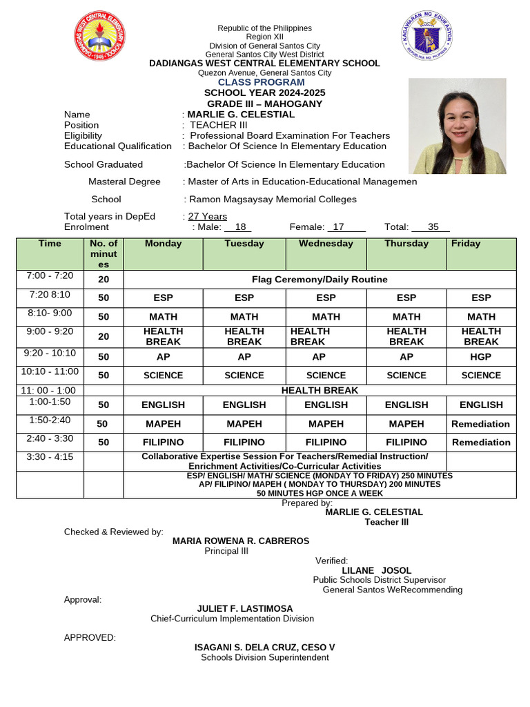 Grade 3 Class Program 2024-2025 | PDF | Philippines