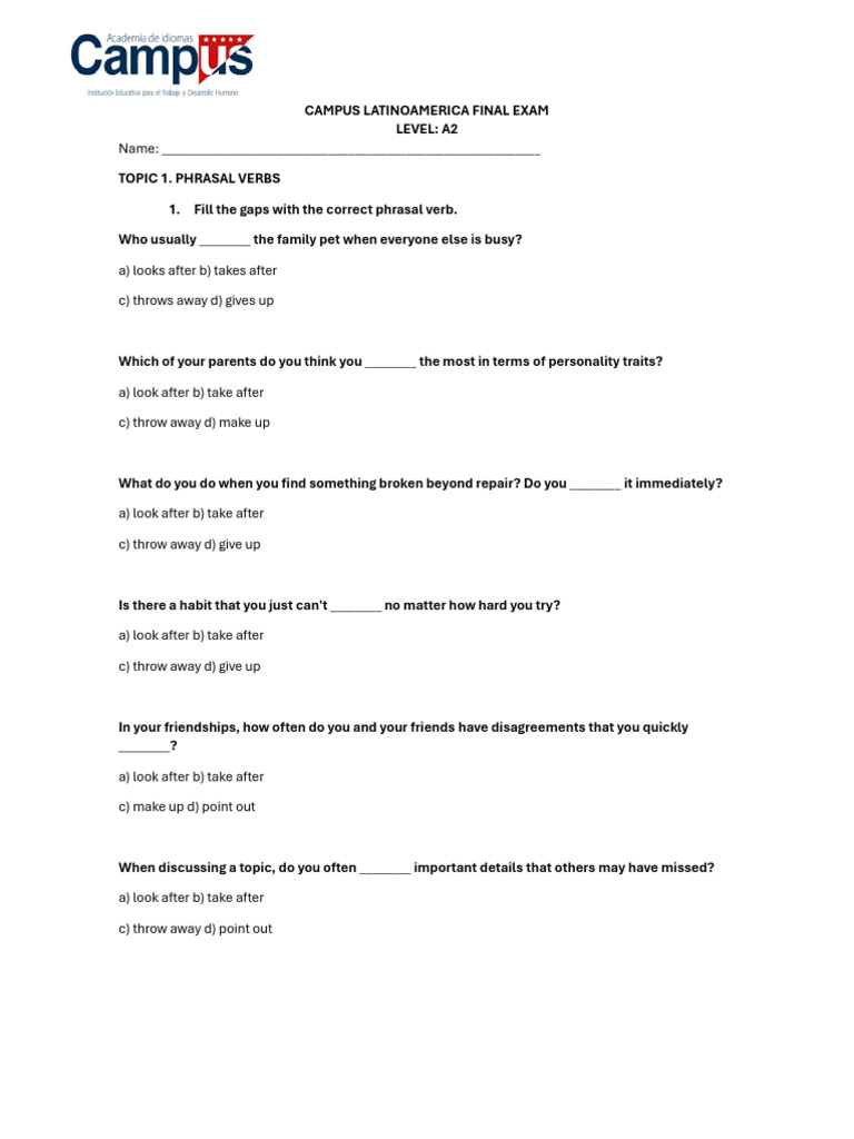 A2 Level Final Exam: Phrasal Verbs & Vocabulary | PDF | Cosmetics