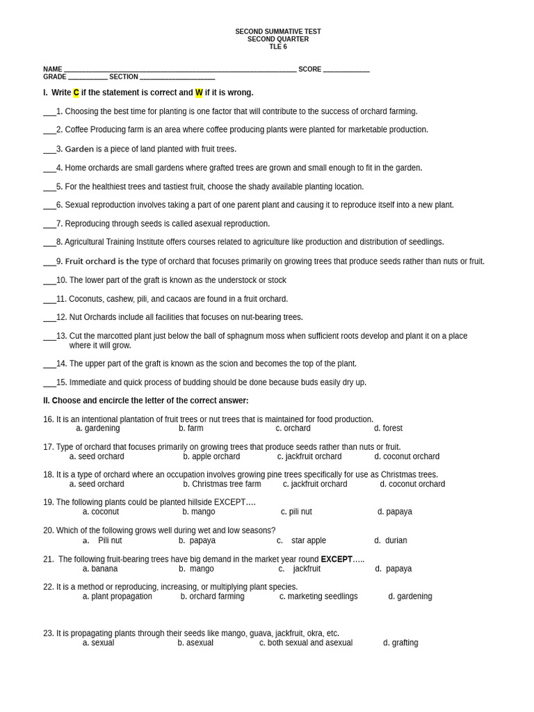 Second Quarter TLE 6 Test on Orchards | PDF | Grafting | Trees