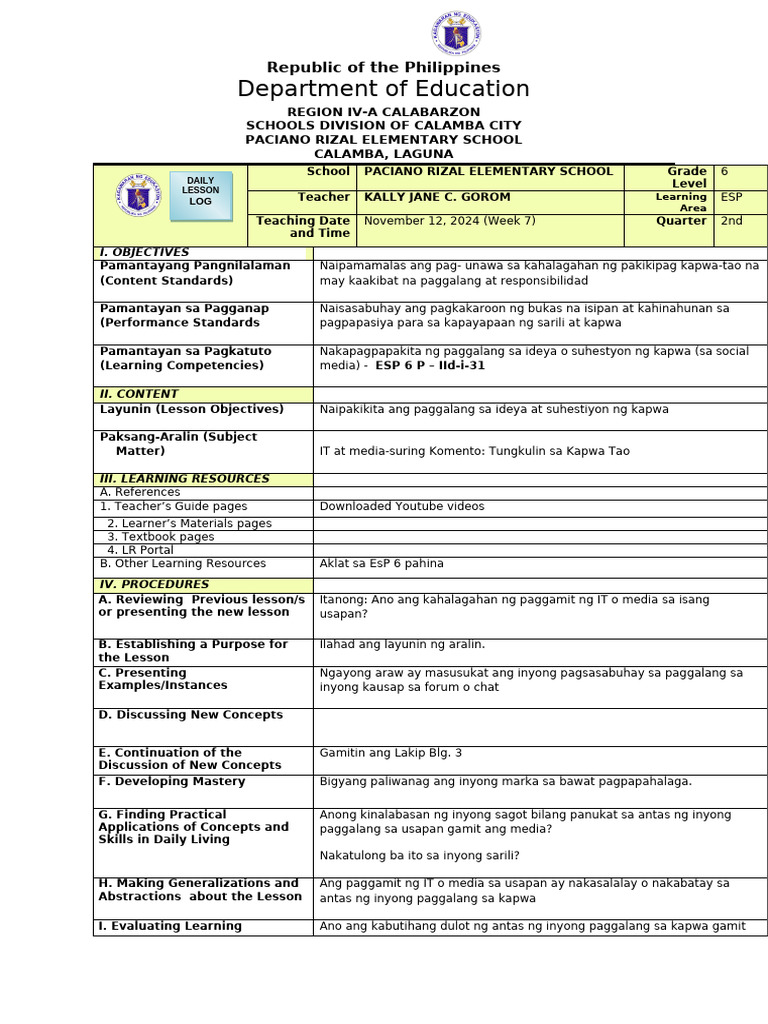 DLL ESP 6 Week 7 Day 2 | PDF