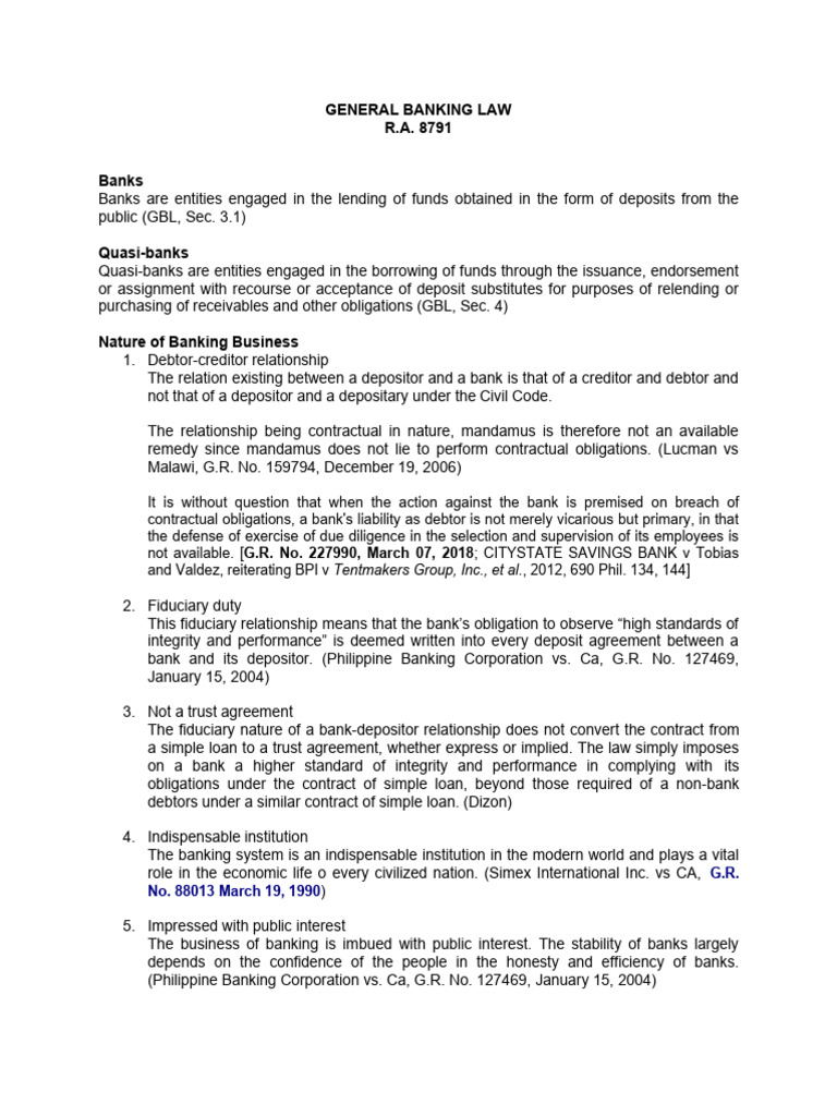 Overview of General Banking Law R.A. 8791 | PDF | Banks | Loans