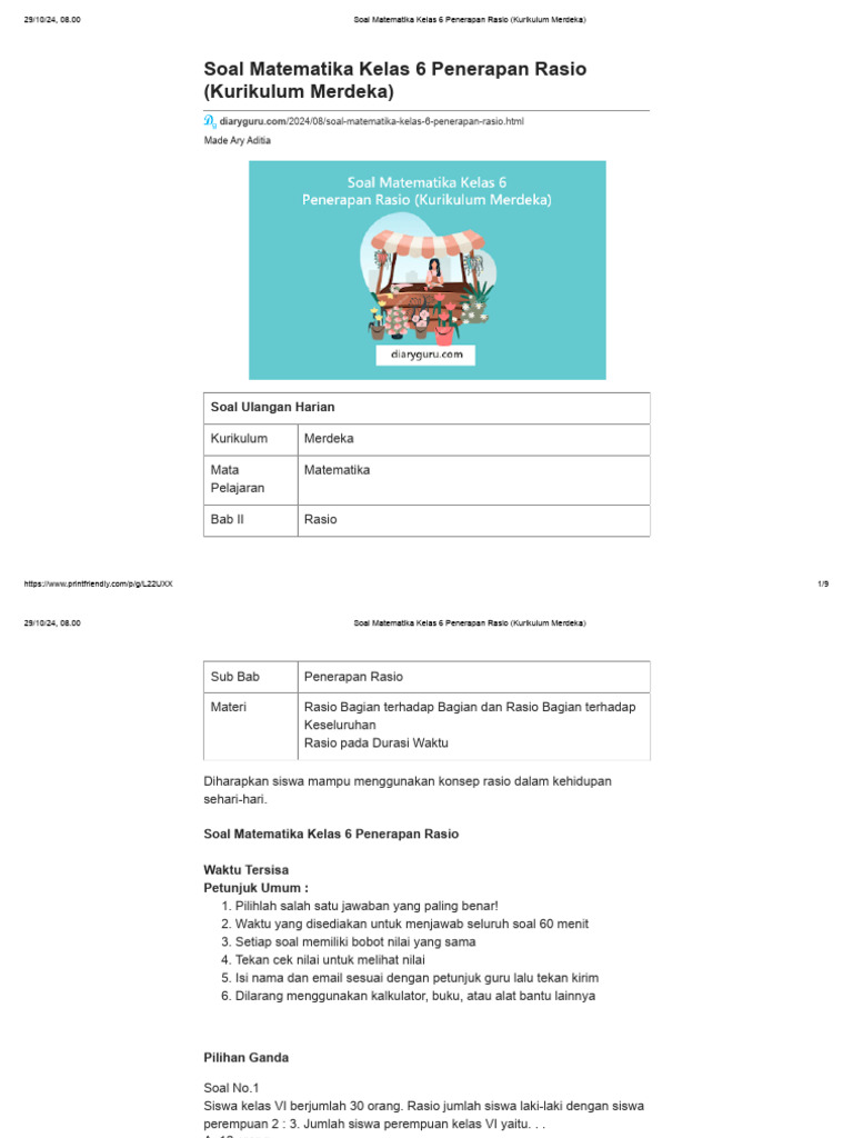 Soal Rasio Kelas 6 Kurikulum Merdeka | PDF