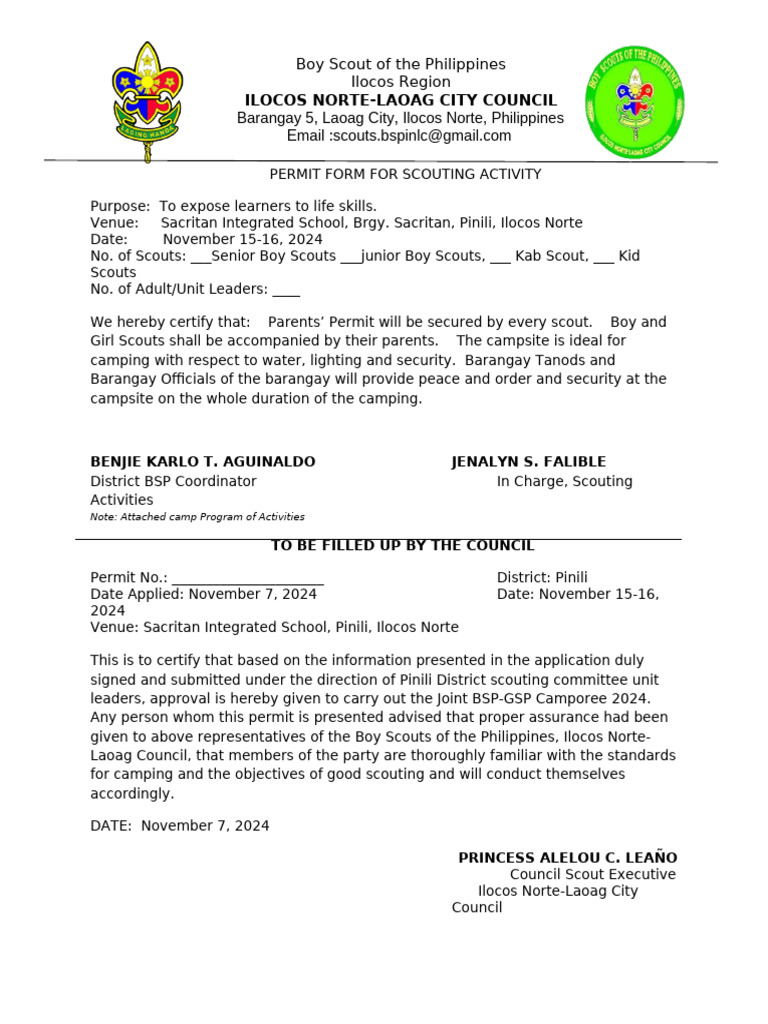 Scouting Activity Permit Form 2024 | PDF | Scouting | Outdoor Recreation