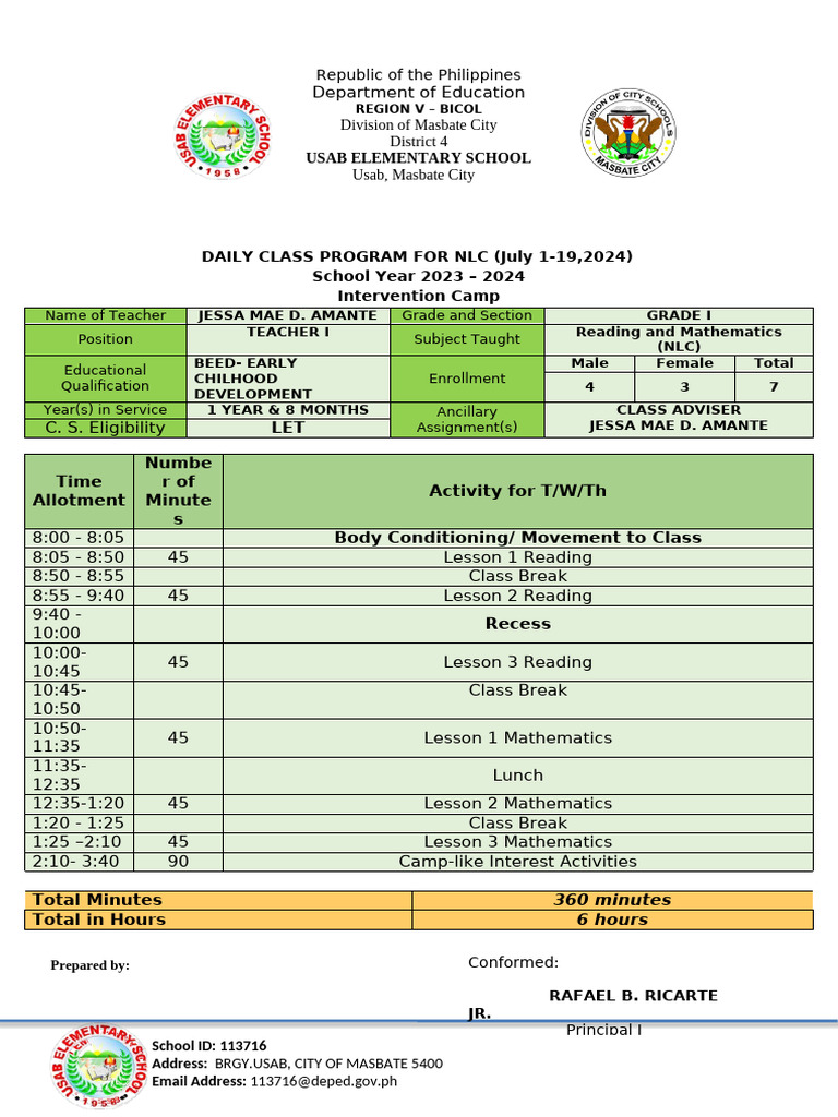 Daily Class Program for Grade I NLC | PDF | Teachers | Teaching