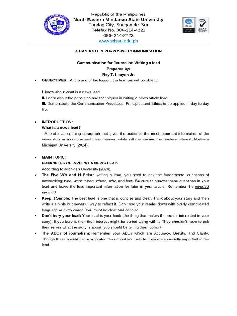 Writing Effective News Leads Guide | PDF | News | Human Communication