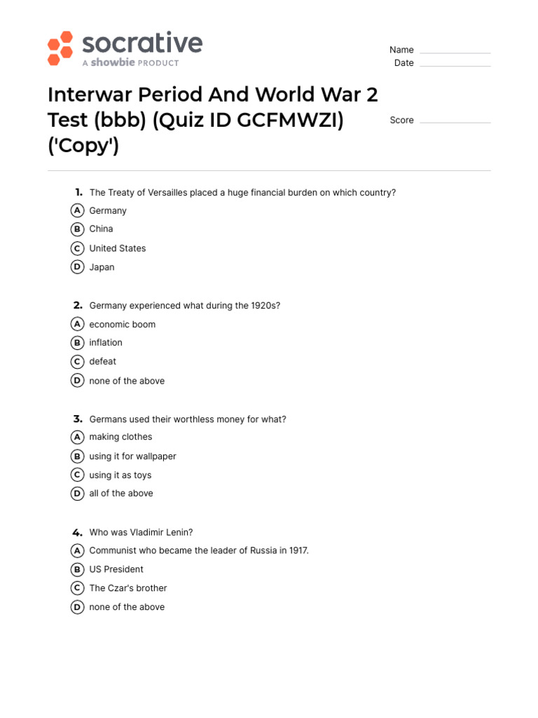 History Quiz: Interwar & WWII | PDF | World War II | Franklin D. Roosevelt