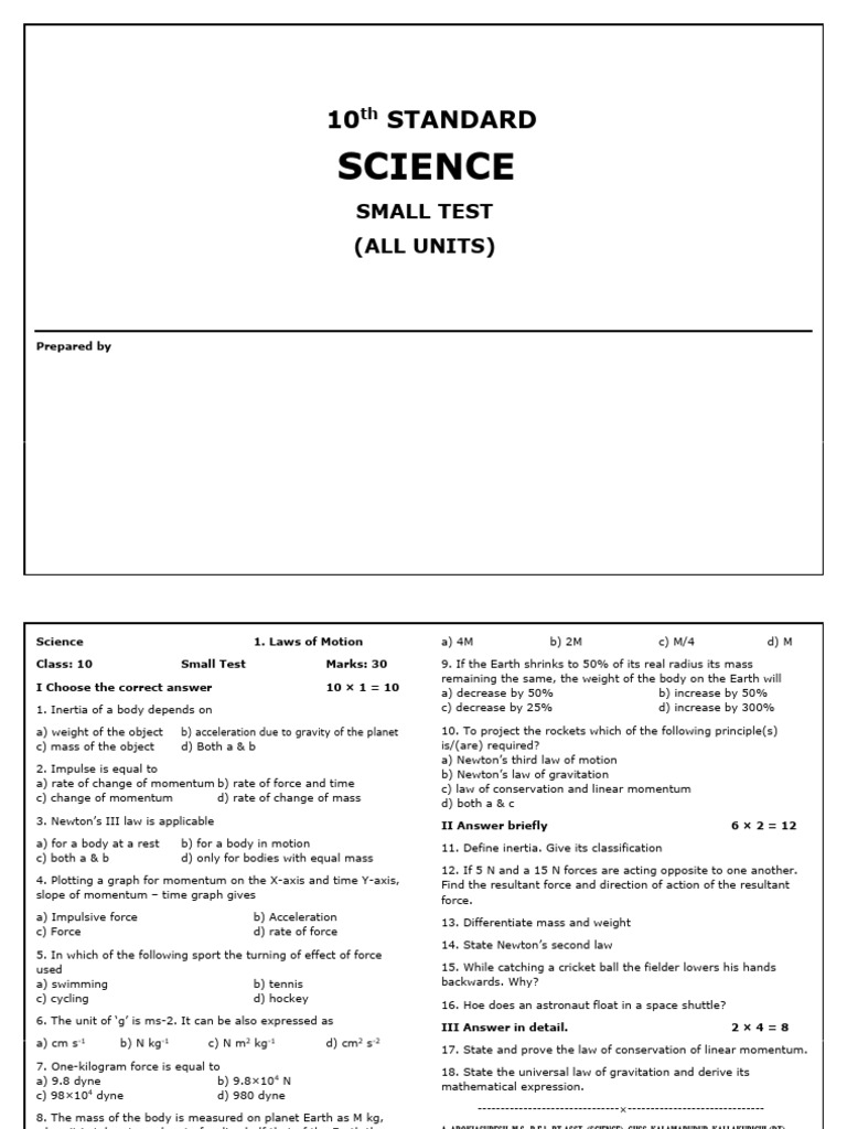 10th Science Small Test Questions | PDF | Thermal Expansion | Chemical ...
