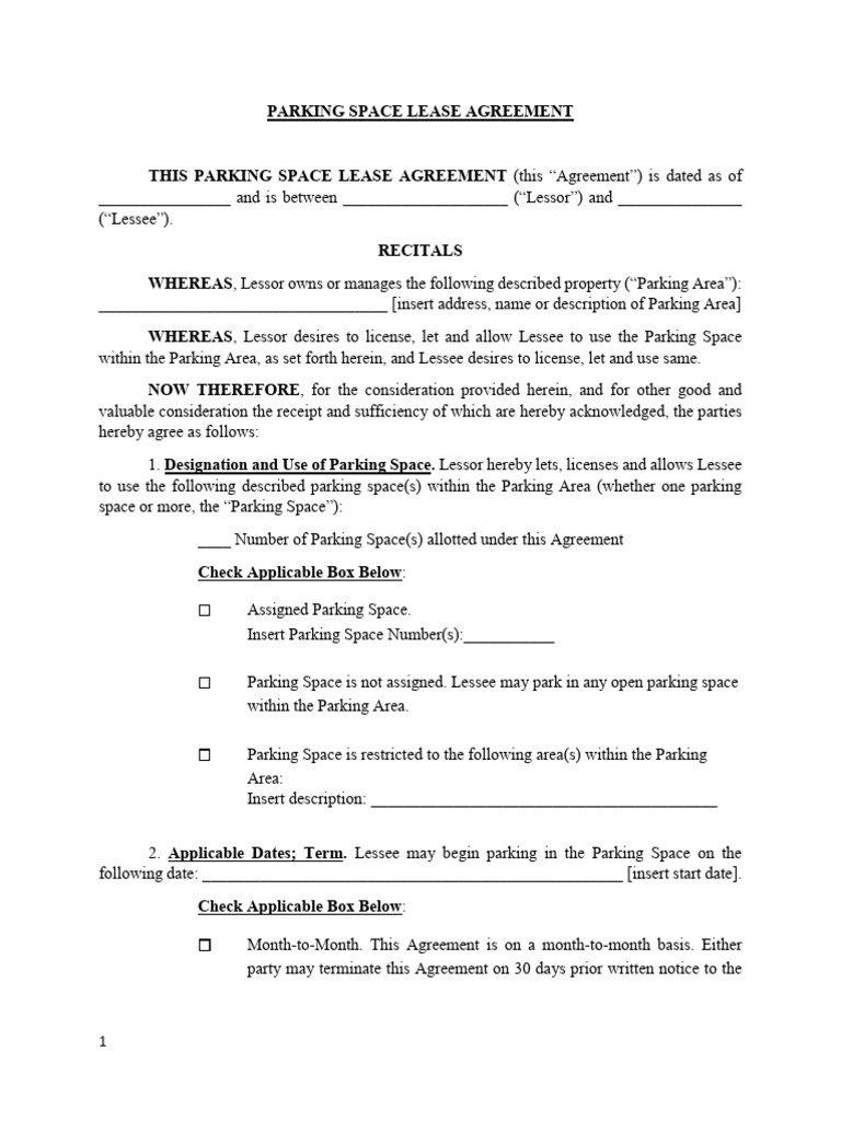 parking space agreement form | pdf | lease | indemnity
