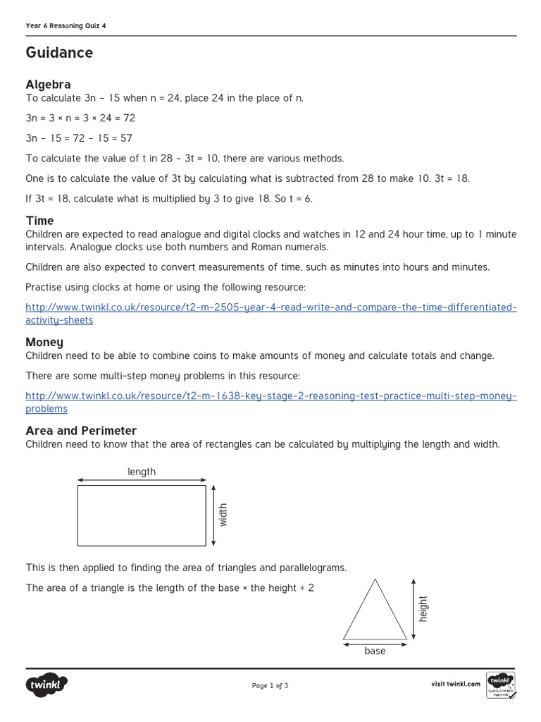 Year 6 Math Reasoning Quiz Guide | PDF | Area | Euclidean Geometry