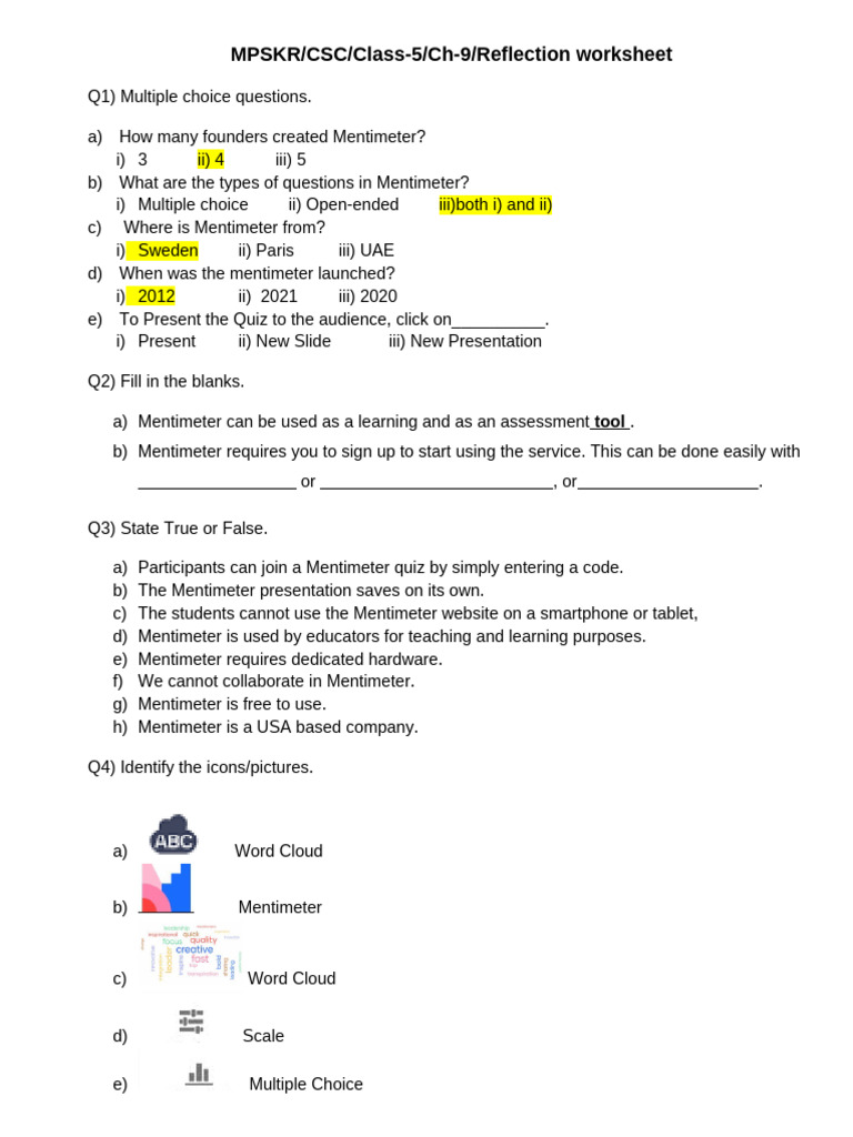 Mentimeter Reflection Worksheet for Class 5 | PDF | Art | Computers