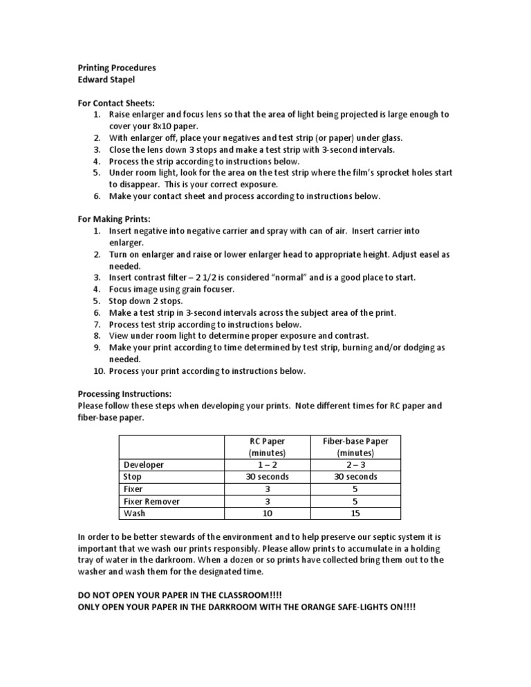 Darkroom Printing Procedures PDF Vision Atomic