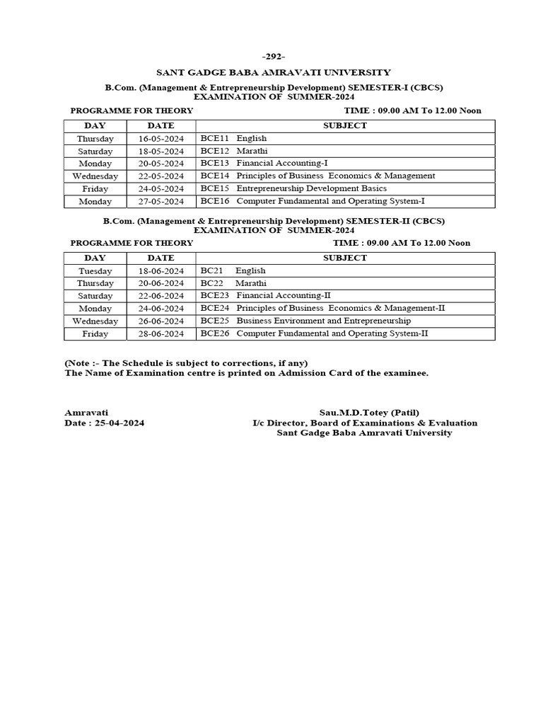 B.Com Exam Schedule Summer 2024 | PDF | Business | Technology & Engineering