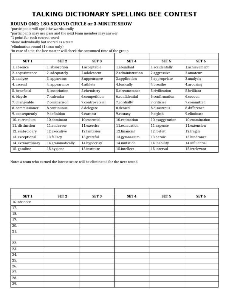 Spelling Bee Contest Rules and Words | PDF | Lexicography | Lexicology