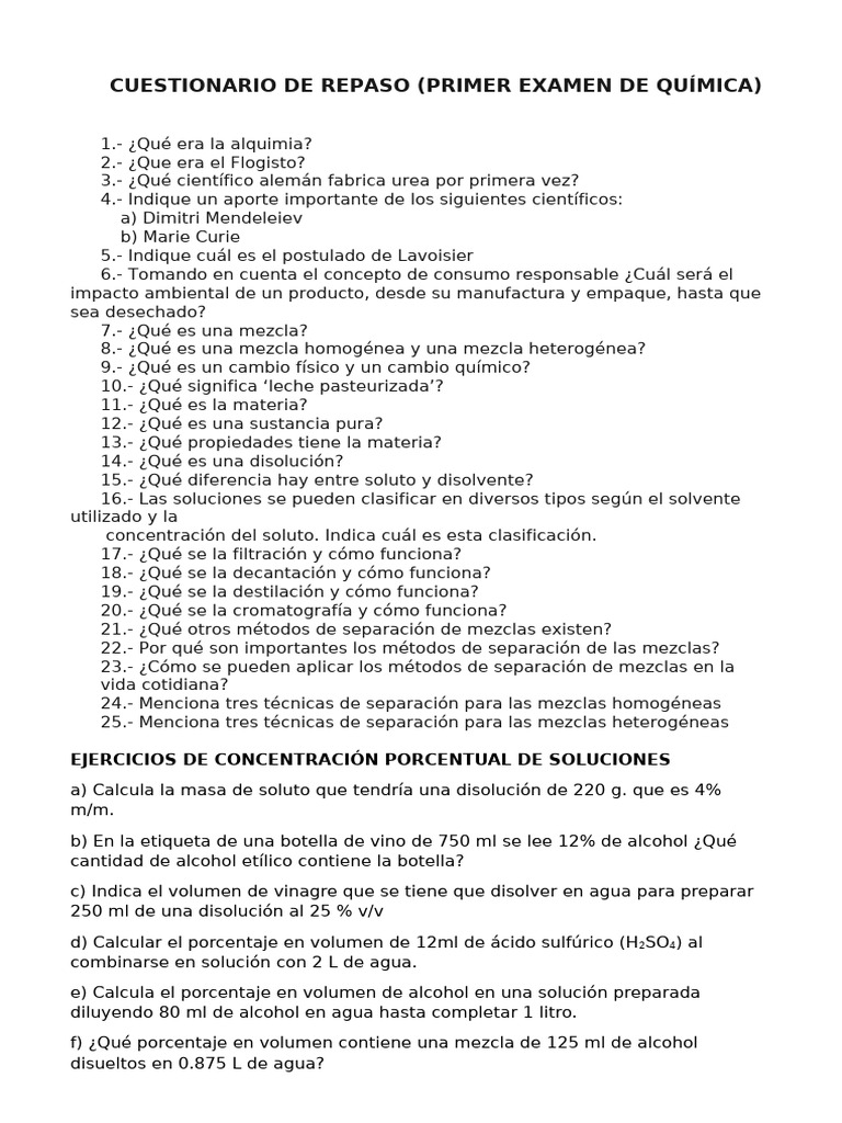 Cuestionario de Repaso | PDF | Mezcla | Concentración