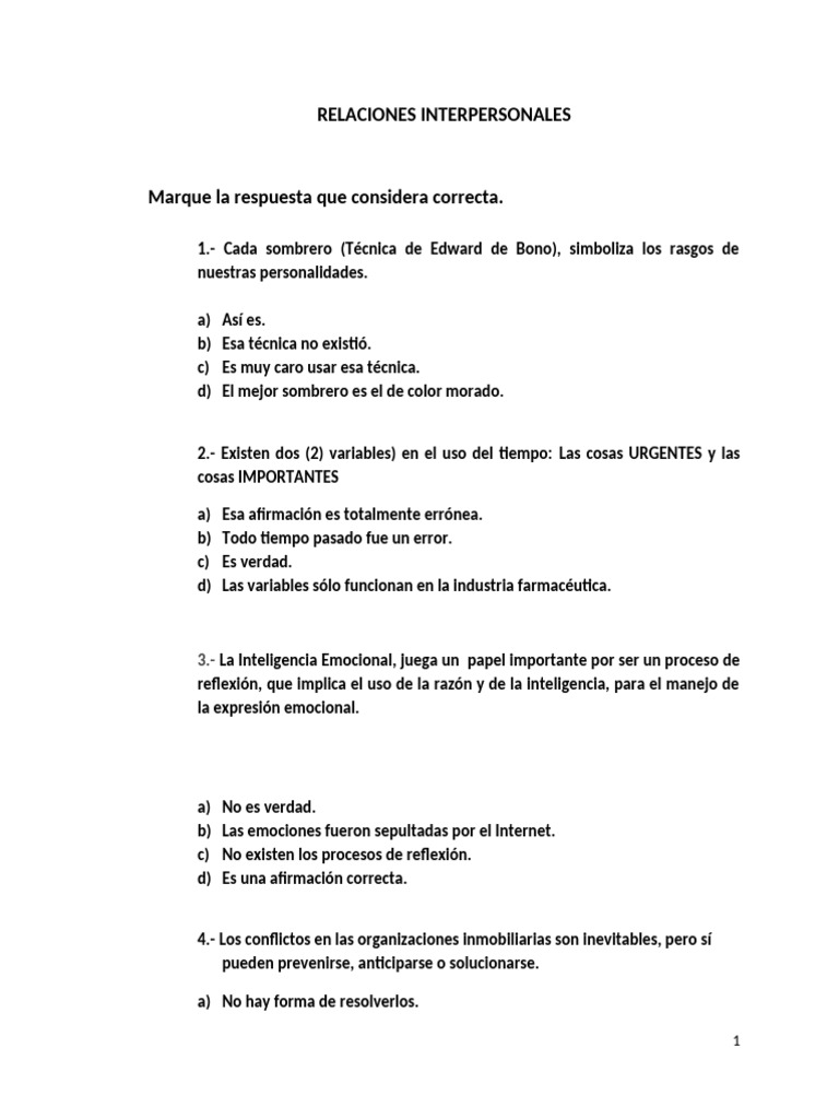 Relaciones Interpersonales Test de Conocimientos | PDF