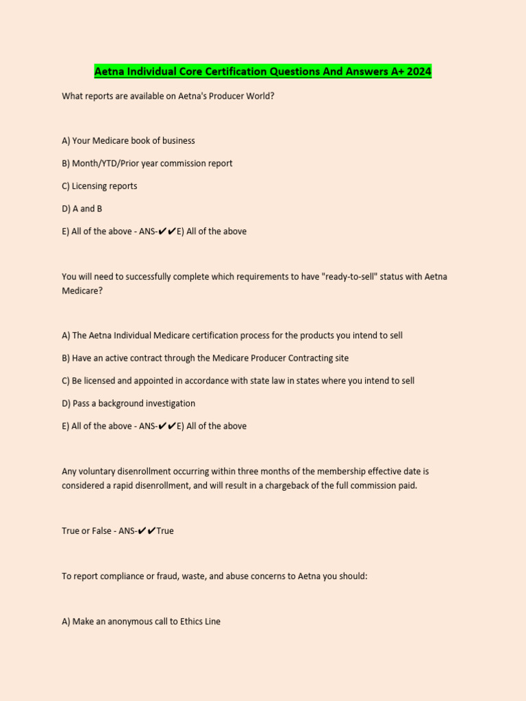 Aetna Individual Core Certification Questions and Answers A  2024 PDF
