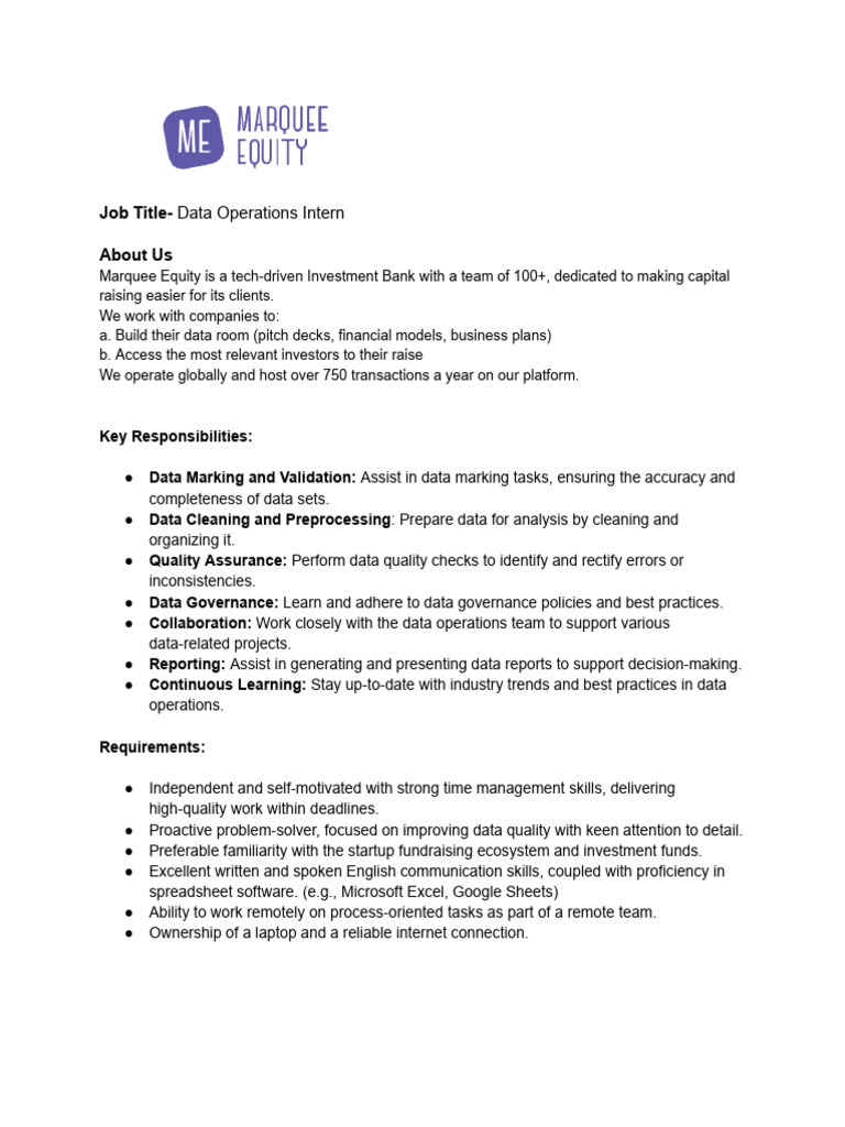 Data Operations Intern Job Description | PDF