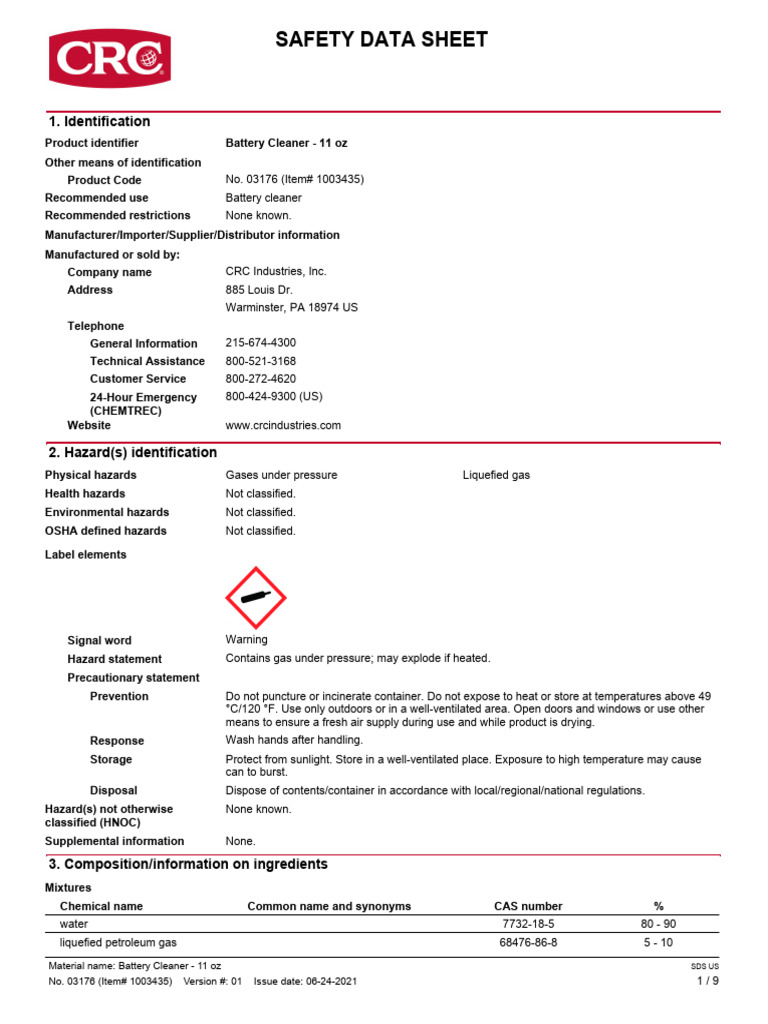 Battery Cleaner Safety Data Sheet | PDF | Dangerous Goods | Firefighting
