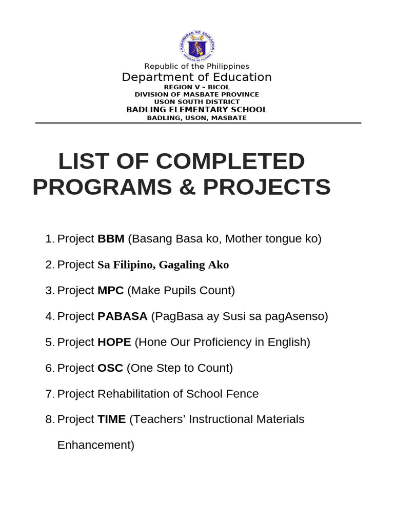 Completed Educational Projects in Masbate | PDF | Career & Growth