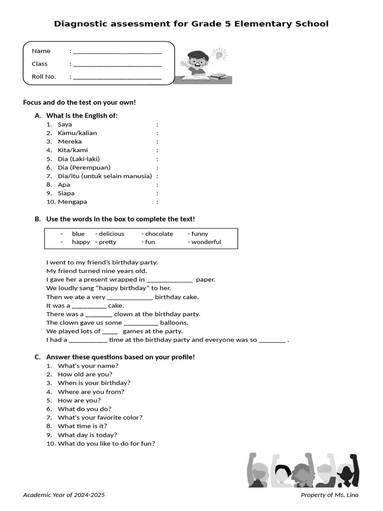 Diagnostic Assessment For Grade 5 Elementary School Pdf Language
