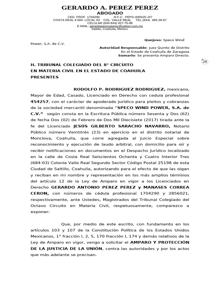 Amparo Directo de Speco Wind Power | PDF | Caso de ley | Derechos humanos