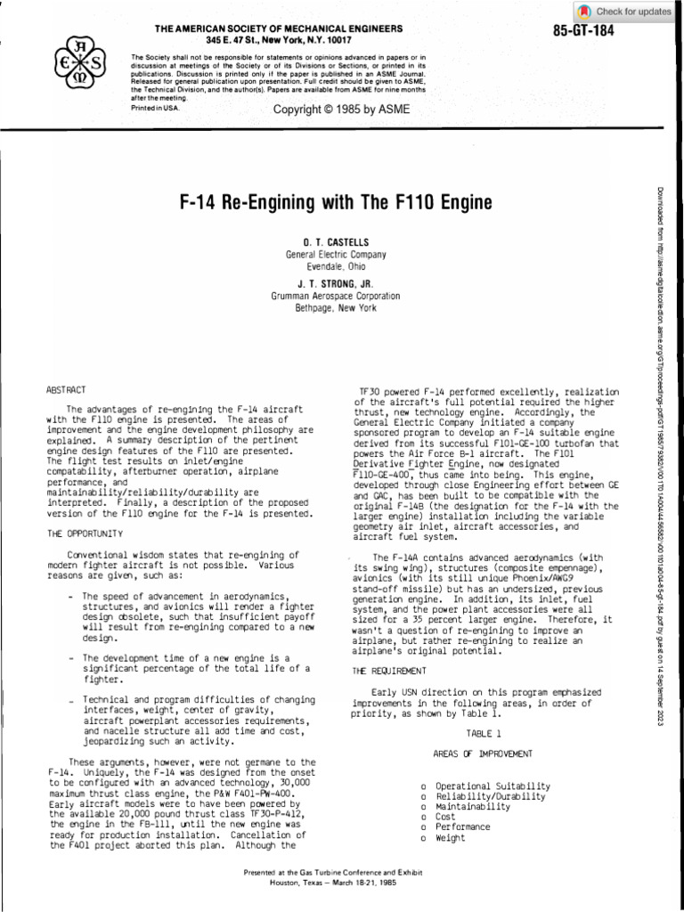 ASME 85-GT-184 F-14 Re-Engining With The F110 Engine | PDF | Aviation ...