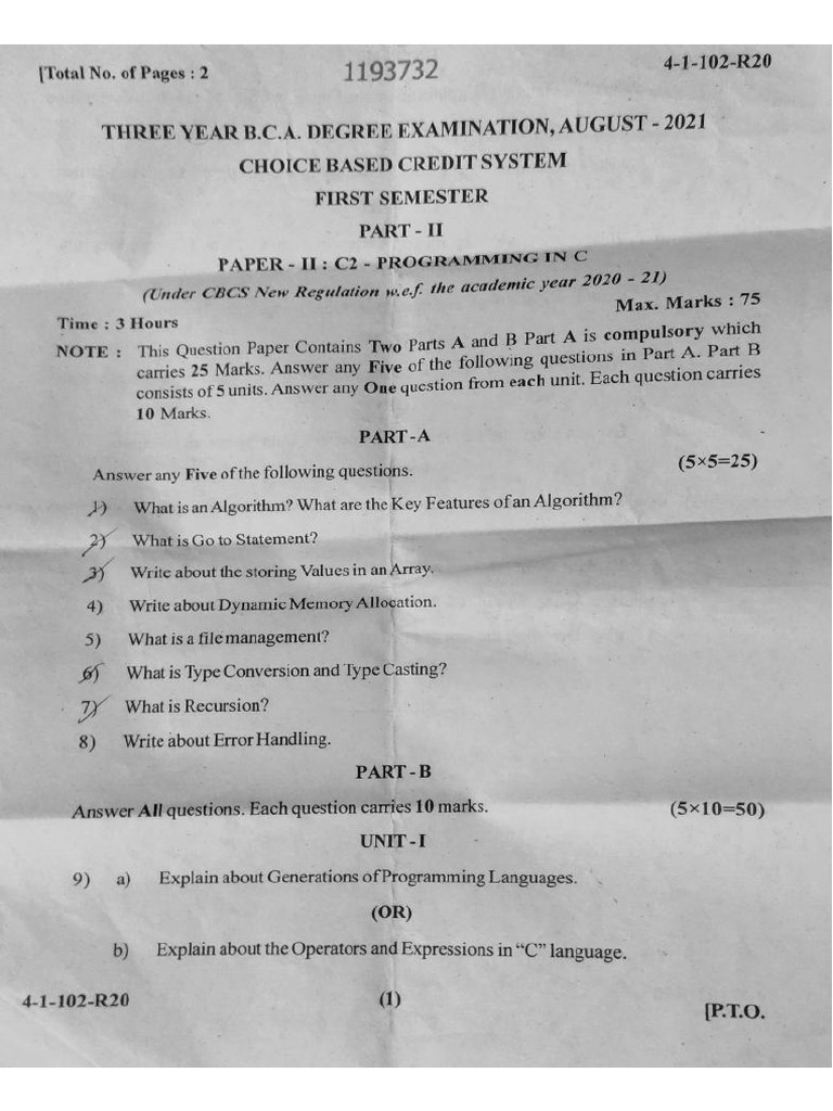 1 Sem - Bca Programming With C - Aug 2021 | PDF